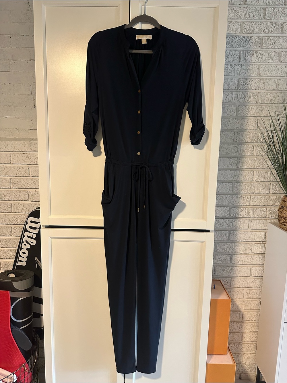 MICHAEL Michael Kors Navy Button-Front Drawstring Jumpsuit